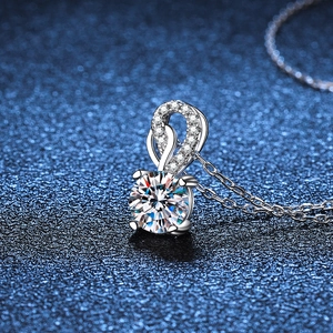 Elegant S925 sterling silver necklace with a 1-carat round moissanite pendant on blue background