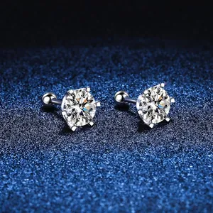 Classic S925 sterling silver six-prong moissanite stud earrings with secure screw backs