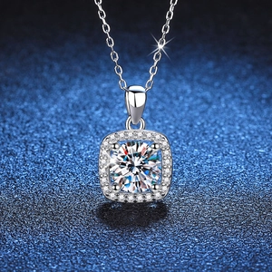 925 Sterling Silver Moissanite Zirconia Square Halo Pendant Necklace For Women Round Brilliant Cut Elegant Jewelry Gift