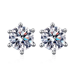 Classic S925 sterling silver six-prong moissanite stud earrings with a white background