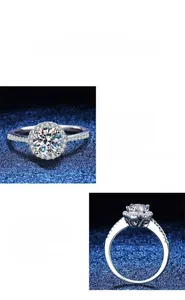 Détails macro d'une bague moissanite ronde montrant le halo et le profil poli brillant