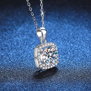 S925 sterling silver necklace with 1-carat halo princess cut moissanite pendant