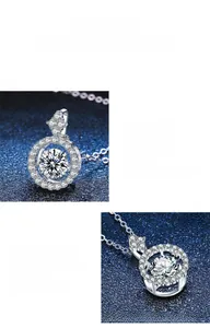 Macro detail of S925 sterling silver halo pendant necklace with sparkling moissanite stone