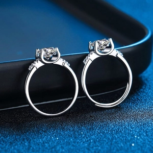 Classic S925 sterling silver moissanite ring set with four-prong setting and pavé side stones