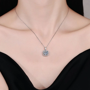 Elegant S925 sterling silver necklace featuring a 1ct princess halo moissanite pendant