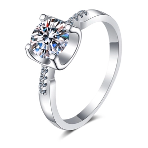 Elegant S925 sterling silver moissanite ring with classic four-prong setting on white back