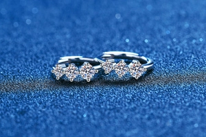 Macro detail of S925 sterling silver hoop earrings with three brilliant moissanite stones