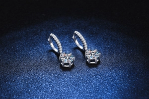 Vue macro de boucles d'oreilles en argent S925 avec moissanite sertie à six griffes