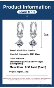Detail view of S925 sterling silver drop earrings featuring a 0.5ct moissanite stone