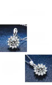 Détail macro du pendentif tournesol en moissanite étincelante et monture en argent 925