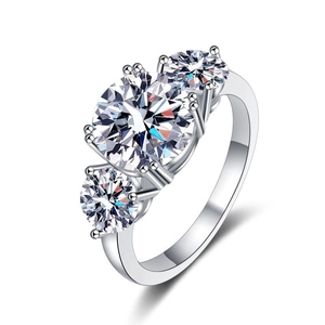 Classic S925 sterling silver three-stone ring featuring 3 carat round moissanite gemstones