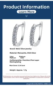 Close-up of S925 sterling silver moissanite earrings showing 1.7g weight and 0.36ct stones