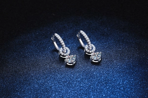 Detailed view of S925 sterling silver hoop earrings featuring sparkling round moissanite