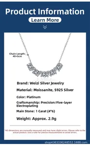 Détail du collier en argent s925 avec 5 moissanites et longueur de chaîne 40+5cm