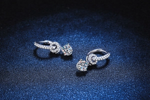 Macro detail of S925 sterling silver earrings featuring moissanite pavé ring and halo drop