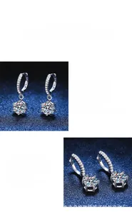 Détail macro de boucles d'oreilles moissanite en argent S925 montrant le serti à six griffes