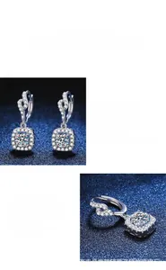 Detailed view of square halo moissanite stud earring with polished silver setting