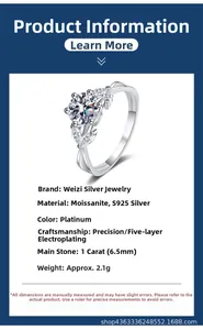 Detail view of 1ct Moissanite S925 silver ring with 6-prong flower setting and product specs