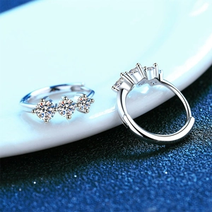 Elegant S925 sterling silver three-stone moissanite ring with polished silver finish