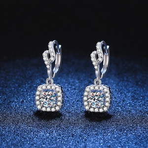 925 Sterling Silver Moissanite Dangle Earrings Square Halo Brilliant Rhinestone Drop Earrings For Women Luxurious Elegant Wedding Party Jewelry