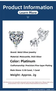 Detailed specifications of heart-shaped moissanite S925 silver earrings in platinum finish