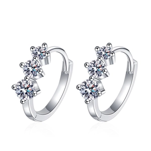 Elegant S925 sterling silver hoop earrings set with three round Moissanite stones