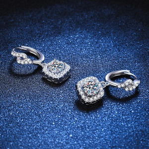 S925 sterling silver moissanite drop earrings with classic halo square pavé setting