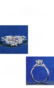Close-up of 1 carat round moissanite ring with side stones in S925 silver setting