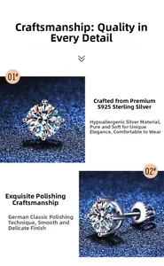 Detailed views of S925 sterling silver four-prong moissanite stud earrings with butterfly backs