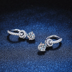 S925 sterling silver hoop earrings featuring a brilliant round moissanite in a halo design