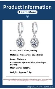 Detailed specs for 1ct oval moissanite earrings in S925 silver with platinum finish