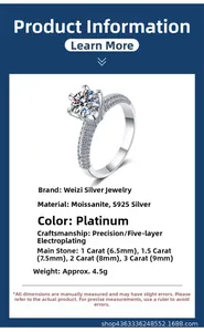 Technical specifications of S925 sterling silver moissanite ring showing 1-3ct stone sizes