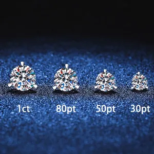 S925 sterling silver moissanite stud earrings in four sizes with 3-prong setting