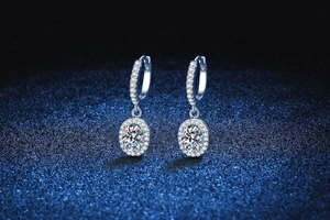 Close-up of S925 sterling silver halo earrings with round-cut moissanite gems
