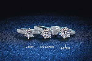 Detailed comparison of 1ct, 1.5ct, and 2ct moissanite rings on starry background