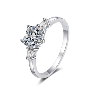 S925 sterling silver heart-shaped moissanite ring with side baguette accents