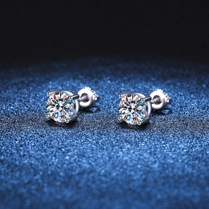 Classic 925 sterling silver four-prong stud earrings with D-color moissanite and screw-backs