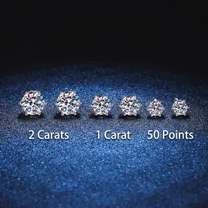 Boucles d'oreilles classiques moissanite en argent S925 à six griffes en 2ct, 1ct et 0,5ct
