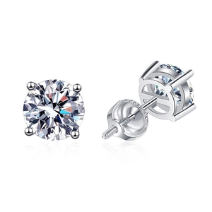 Classic round D color moissanite stud earrings in 925 sterling silver with screw backs