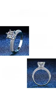 Detailed views of moissanite ring with polished silver band and micro-pave setting