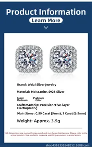 Detail view of S925 sterling silver halo stud earrings with 1ct moissanite stones