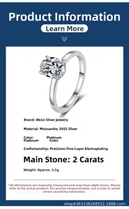 Detailed specs of 2ct Moissanite ring in S925 sterling silver with 5-layer plating