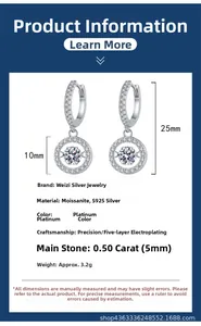 Detailed size chart of S925 silver moissanite drop earrings with 0.5ct main stones