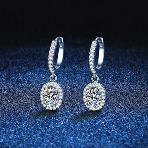 925 Sterling Silver Moissanite Drop Earrings For Women Oval Zirconia Halo Dangle Earrings Platinum Plated Elegant Jewelry Gift