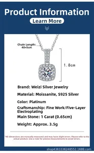 Detailed specs of S925 silver 1ct moissanite pendant with dimensions and 45cm chain length