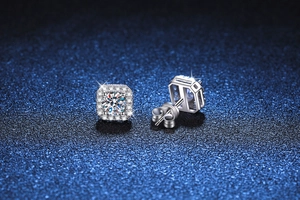 Detailed close-up of a square halo moissanite stud earring in S925 sterling silver