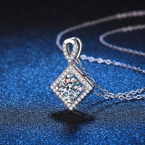 Square halo necklace with moissanite center stone on s925 silver chain