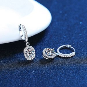 Classic S925 sterling silver hoop earrings featuring oval moissanite halo drop pendants
