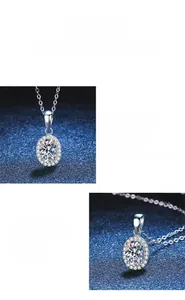 Macro view of oval-cut Moissanite pendant with halo setting and polished silver chain