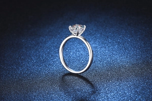 Macro detail of 2-carat moissanite ring with six-prong setting on deep blue background